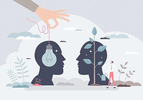 Mentorship or advice from mentor for personal development tiny person concept. Skills growth using guidance and coaching to implement idea in employee head vector illustration. Inspire and motivate.