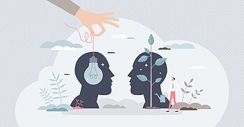 Mentorship or advice from mentor for personal development tiny person concept. Skills growth using guidance and coaching to implement idea in employee head vector illustration. Inspire and motivate.