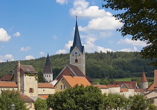 Stadtansicht mit Stadtpfarrkirche und Wehrmauer